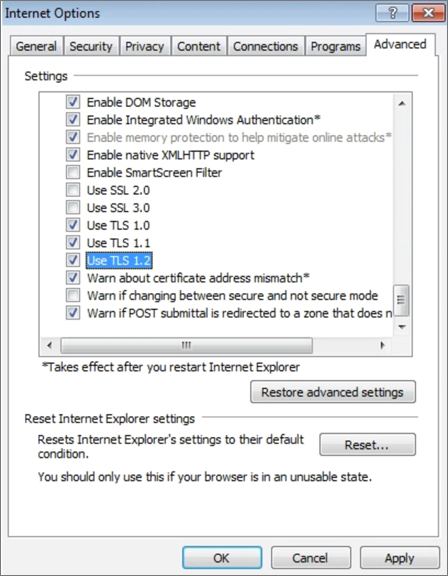 IE Browser Settings for TLS 1.2